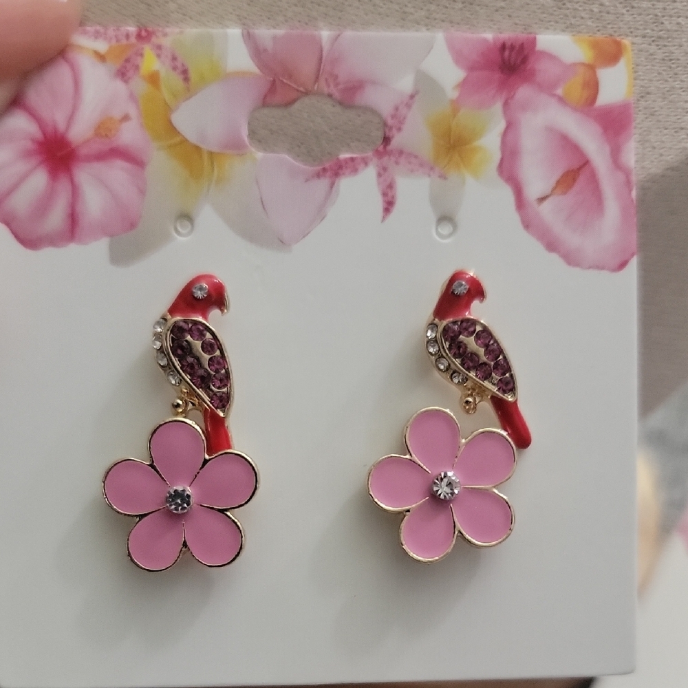 Cottagecore Style Pink Flower and Red Bird Earrings